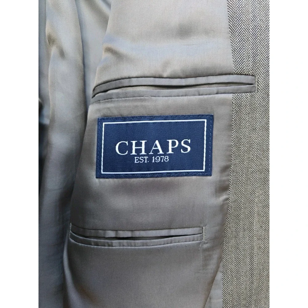 Chaps Mens Wool Blazer 42L Taupe Herringbone 2 Button Sports Coat R804